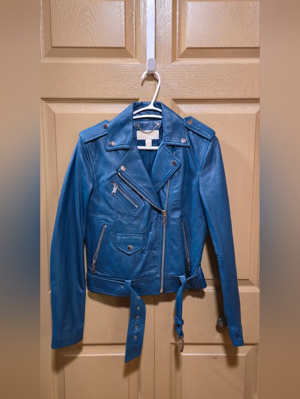 Michael Kora Turqouise Blue Leather Biker Jacket - Women's Stylish Moto Coat